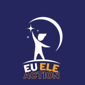 logo del progetto eu ele action raffigurante una sagoma di giovane con in mano una stella della bandiera europea progetto finanziato dalla commissione europea per giosef italy 2024 elezioni